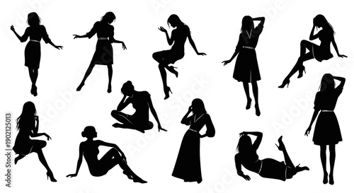 Collection of elegant female silhouettes in various graceful poses, showcasing fashion and style.