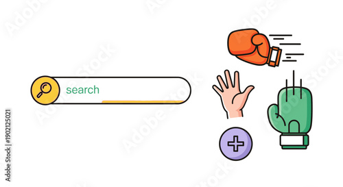 Search bar with boxing gloves and hand icons, representing online search and combat or competition.