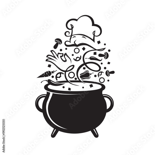 cooking process of vegetables on cauldron isolated on white background