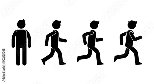 A sequence of stick figures illustrating the progression from standing still to running.