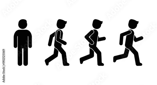 A sequence of stick figures illustrating the motion of a person running, starting from a stationary pose.