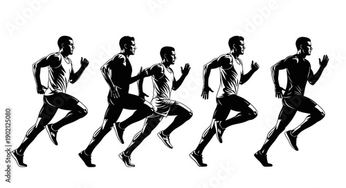 A dynamic illustration depicting five male athletes in mid-stride, showcasing the motion and intensity of competitive running.