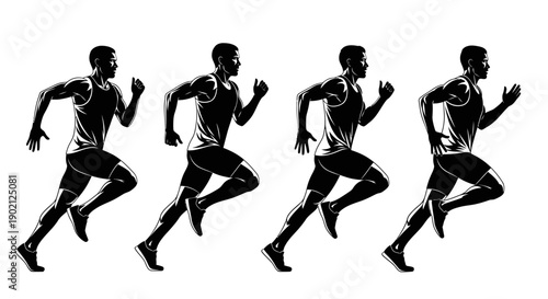 Four silhouetted male athletes in mid-stride, showcasing the dynamic motion of running in a sequence.