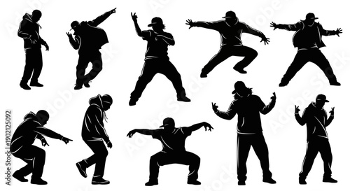 Collection of Silhouettes of People Dancing in Hip-Hop Style Poses.