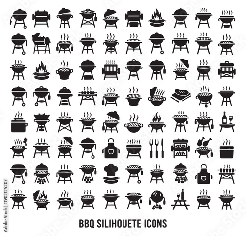 BBQ grilling icons set, outdoor cooking equipment doodle, summer barbecue party vector art, grill and steak silhouette icons, backyard bbq catering elements, picnic food grilling tools art, charcoal g