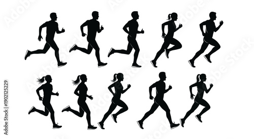 A collection of black silhouettes of men and women running in various poses against a white background.