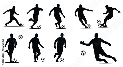 Collection of Silhouettes of Soccer Players in Various Poses and Actions on a White Background.