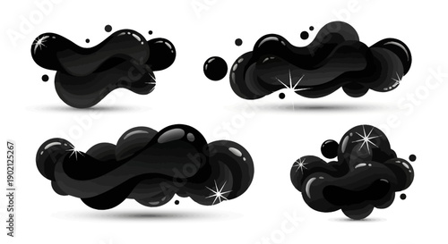 Four abstract illustrations of glossy black liquid blobs with sparkling highlights and small dots.