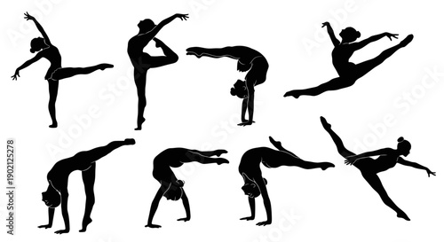 Silhouettes of gymnasts performing various dynamic poses and acrobatic movements, showcasing flexibility and strength.