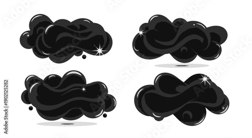 Four abstract illustrations of glossy black liquid blobs with highlights and shadows.