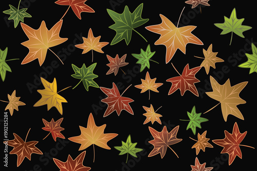 A seamless autumn leaf pattern featuring vibrant maple leaves in shades of orange, yellow, red, and green on a dark background. The colorful foliage creates a lively seasonal design