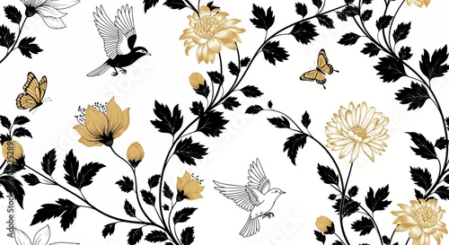 A delicate floral pattern featuring golden chrysanthemums, black foliage, and fluttering birds and butterflies on a white background.