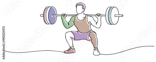Line art drawing of a man lifting a barbell in squat position. One line drawing for fitness training, strength workout, and healthy lifestyle.
