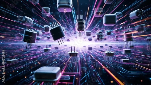 Futuristic digital circuit board environment with floating electronic components and bright light beams