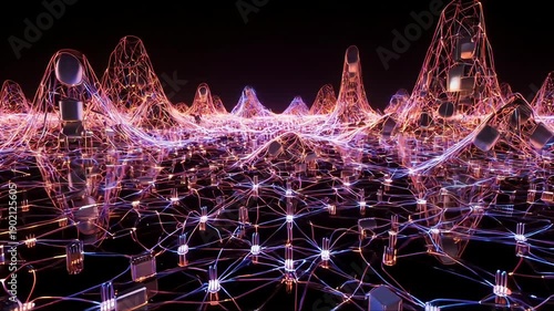 Abstract visualization of glowing digital data network topology with interconnected luminous nodes and peaks