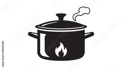 Boiling cooking pot silhouette vector illustration with lid steam and flame symbol design isolated icon for kitchen food concepts