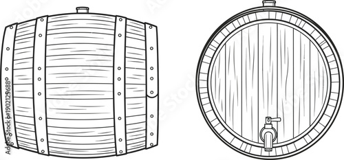 Vintage wooden barrel illustrations from the side and top, showing a spigot for liquid dispensing