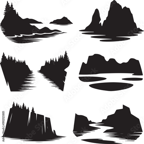 blacksilhouetteofvariousmountainrangesandhillswithtreesnearwaterbodies