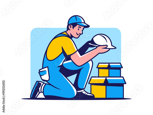 A cartoon illustration of a worker in overalls and a cap sitting next to stacked boxes and holding a hard hat