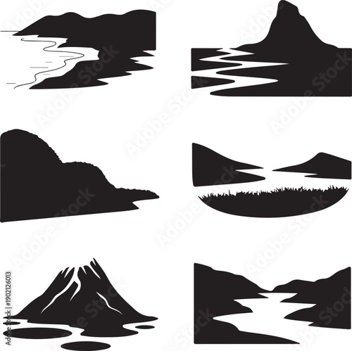 collection of black silhouette landscape icons with mountains and water