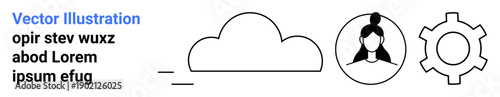 Cloud with horizontal lines, user avatar inside circle, gear icon. Ideal for cloud computing, teamwork, online service, data sharing, network, technology simple landing page