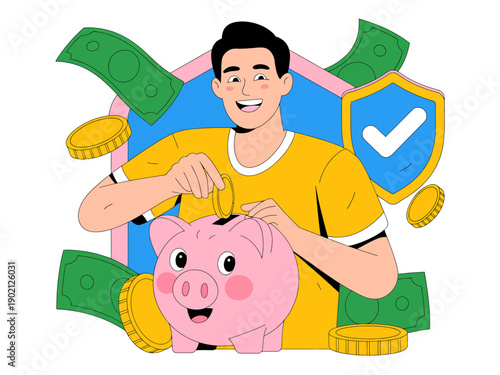 A smiling man putting coins into a pink piggy bank surrounded by money and a shield with a checkmark