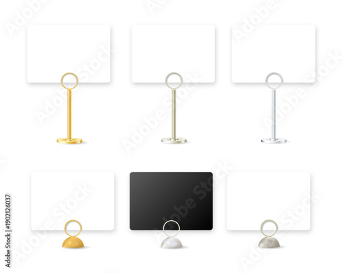 Metal card holder stand with clip for memo display on table. Blank sign template for business info, restaurant menu, or office desk presentation. Vector
