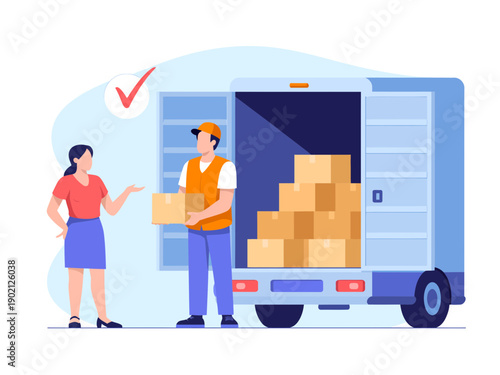 A delivery man and woman standing beside a truck loaded with boxes, representing logistics and transportation services.