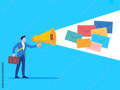 A businessman using a megaphone to broadcast colorful speech bubbles in a modern, flat vector illustration.