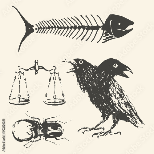 Vintage Grunge Occult Collection with Fish Skeleton, Two-Headed Raven, Balance Scales, and Beetle Ink Drawings on Beige Background