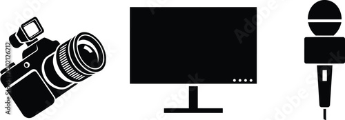 Digital Camera, Computer Monitor, and Microphone Icons Representing Media and Broadcasting