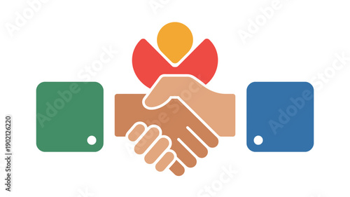 A minimalist vector graphic of two hands shaking with a person and two squares in the background, symbolizing partnership and agreement.
