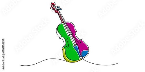 Line art drawing of a colorful violin with vibrant accents. One line drawing for music art, creativity, elegance, and artistic expression.