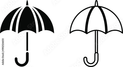 Two simple black and white umbrella icons, representing protection from rain and sun