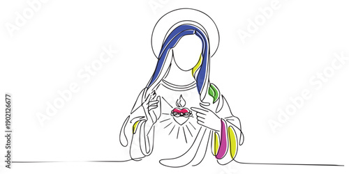 Line art drawing of Virgin Mary in a calm blessing pose. One line drawing for faith, compassion, devotion, and spiritual peace.