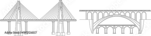 Detailed line art illustrations showcasing various architectural bridge designs, from modern cable-stayed structures to classic arch and pier constructions