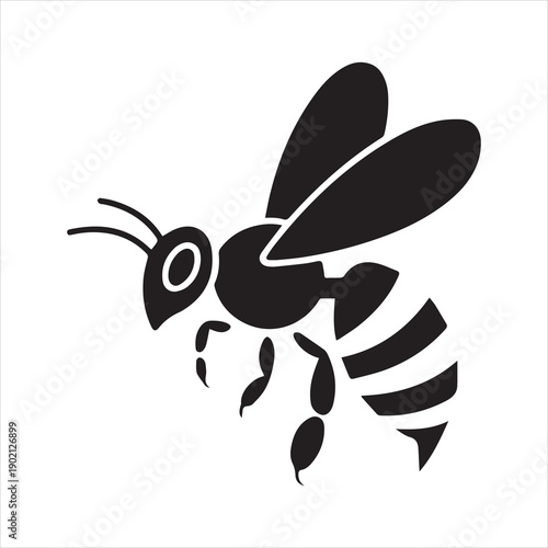 Black silhouette of a bee with striped abdomen and wings on white background insect black and white