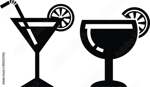 Stylized Black Silhouette Vector Icons of Classic Cocktail Glasses with Citrus Garnish and Drinking Straw