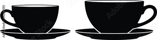 Two Black Silhouette Cups and Saucers Set - Minimalist Beverage Drinkware Graphic Element