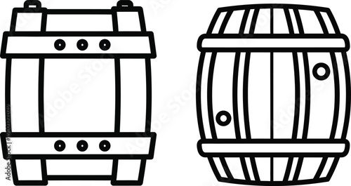 Set of Simple Line Art Wooden Barrels Vector Icons for Beverages and Storage Concepts