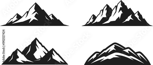 Vector illustrations of various mountain peaks and ranges, depicting majestic alpine landscapes in a monochrome graphic style