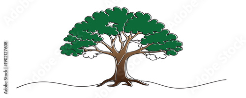 Line art drawing of an oak tree with strong branches and leaves. One line drawing for nature concept, growth, strength, and natural longevity.