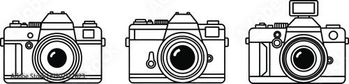 A set of three stylized vintage cameras depicted in a clean, black and white line art illustration style, evoking classic photography nostalgia
