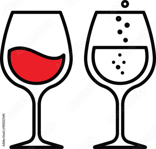 Elegant vector illustration of two drinking glasses, one with rich red wine and another with effervescent sparkling beverage
