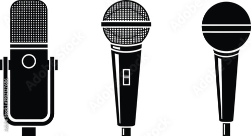 Professional audio microphone collection in black silhouette for recording, broadcasting, and podcasting