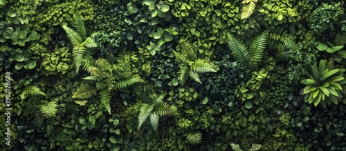 Lush green vertical garden wall, indoor plants, nature background, design texture