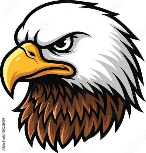 Bald eagle head mascot illustration with sharp beak and fierce expression, patriotic bird emblem design, wildlife logo artwork, bold cartoon vector isolated on white background