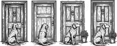 black and white vintage illustration of dogs waiting by closed wooden doors with potted plants