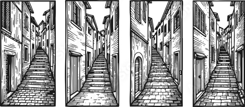 Narrow cobblestone alleyways with old buildings and steps in vintage black and white sketches