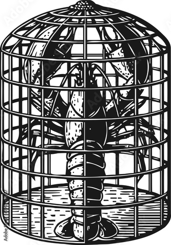 Lobster inside metal cage illustration seafood trapped, ocean crustacean enclosed for cooking or cooking preparation